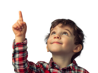A young boy is pointing up with his finger
