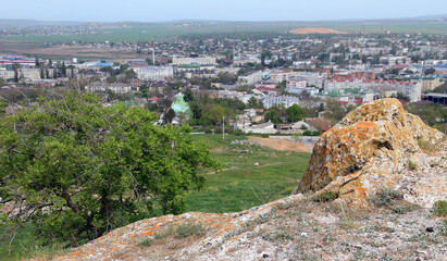 Crimea. Kerch. View of the city from above against the backdrop of ancient excavations.