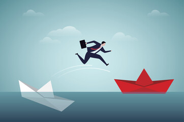 Escape from risk or danger, run away or flee from fail or bankruptcy company, change job or move to new better workplace concept, frustrated businessman jump to escape from sinking ship to better one.