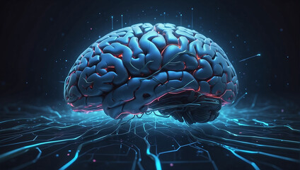 A image of a 3d rendered illustration of a electronic metal human brain with neon growing lightning 
