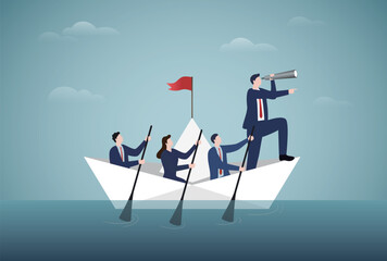Obraz premium Discovering new business opportunities and investments, Vision and goal setting, Business team is rowing boat with binoculars standing in paper boat and looking forward, Vector design illustration.