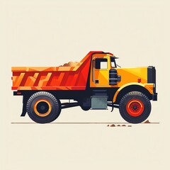 Dump truck depicted in a minimalist graphic style, using bold blocks of color and simplified forms, striking against a white canvas