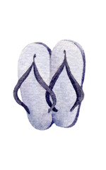 Hand drawn watercolor of a pair of blue slippers. Flip flops Isolated illustration