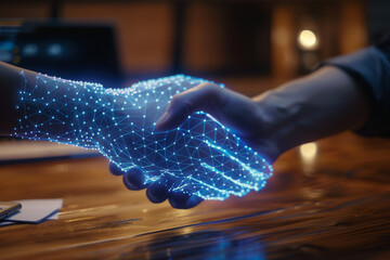 Two people shaking hands with glowing lines coming out of them