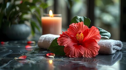 A serene spa scene featuring a vibrant red flower, a flickering candle, a soft towel neatly arranged, and the Holy Quran placed on a polished marble texture