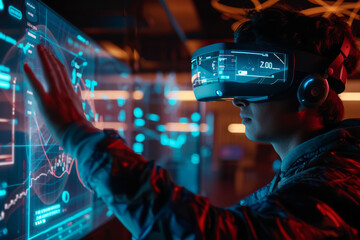 A man wearing a virtual reality headset is touching a screen that says 2.00 - Powered by Adobe