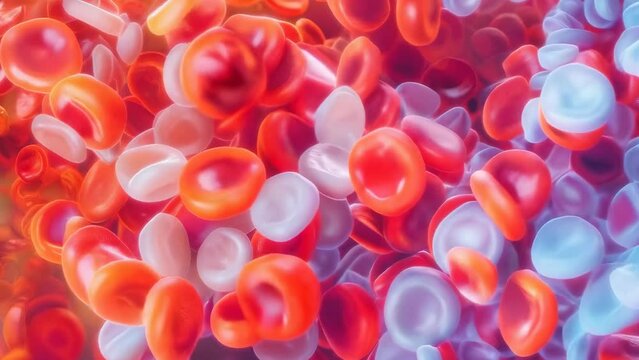 Red, white blood cells dynamically cascade through bloodstream, vividly depicted in a spectrum of colors, illustrating the essential flow, vitality of life at the microscopic level. Medical background