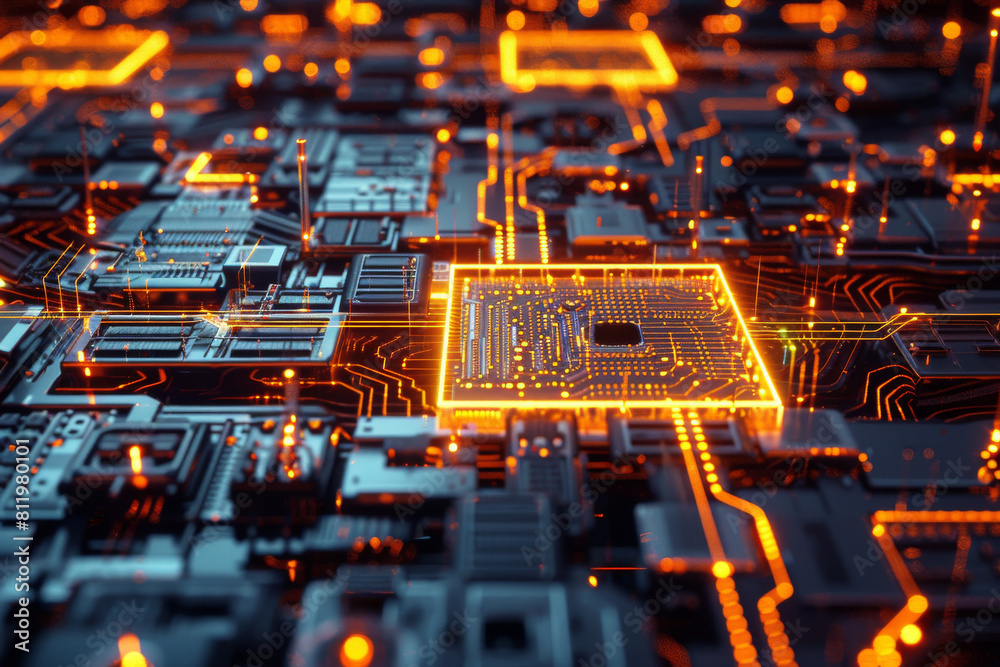 Poster a computer circuit board with a glowing square in the middle