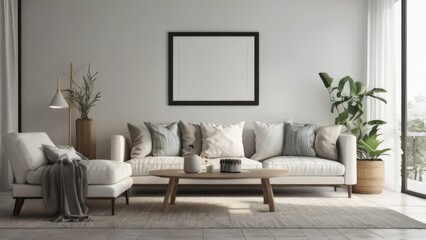 Fototapeta premium Living Room Mock-Up: Modern Cozy Interior with Empty Canvas Frame and Furniture Render Suitable for Buildings and Architecture Interior Design