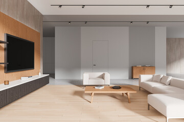 Cozy living room interior with sofa, armchair and tv screen with sideboard