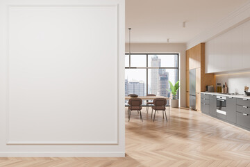 Blank wall mockup in a modern kitchen interior with wooden floor and city view, concept of home design. 3D Rendering
