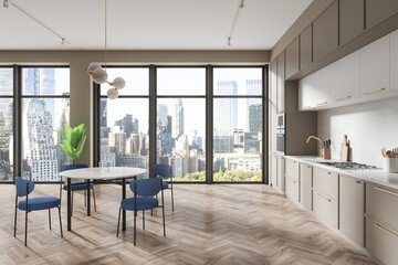 Beige home kitchen interior cooking and dining zone, panoramic window