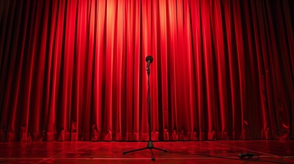 Microphone on a stand on a stage with red curtains, stand-up performance artiste