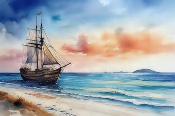 ship in the sea, water color art boat, blue sea,