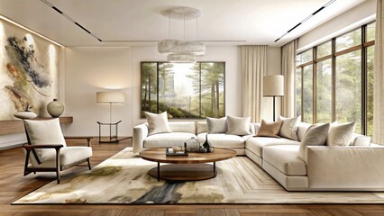 modern living room with large painting on wall, wood floor and modern furniture, wide angle shot, neutral colors, large window with view of trees, large coffee table in center of the space, 