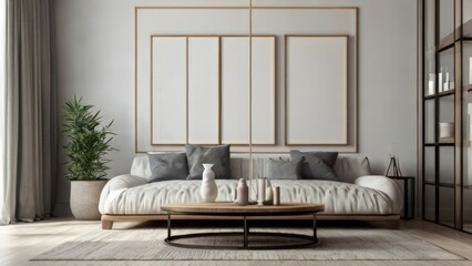 Interior Design Concept: Modern Cozy Living Room with Empty Canvas Frame and Stylish Furniture Mock-Up Render Suitable for Buildings and Architecture Interior Design