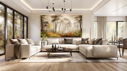 modern living room with large painting on wall, wood floor and modern furniture, wide angle shot, neutral colors, large window with view of trees, large coffee table in center of the space, 