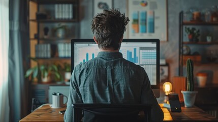 Focused Young Businessman Analyzing Project Stats on Computer Monitor for Marketing Strategy from Home Office