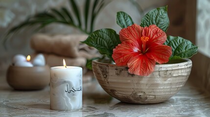 A tranquil spa scene with a single red flower resting in a bowl, a flickering candle adding ambiance, a folded towel, and the Holy Quran arranged on a pristine marble surface