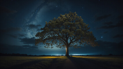large tree with a full green canopy in night - Powered by Adobe
