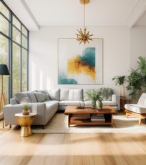 modern living room with large painting on wall, wood floor and modern furniture, wide angle shot, neutral colors, large window with view of trees, large coffee table in center of the space, 