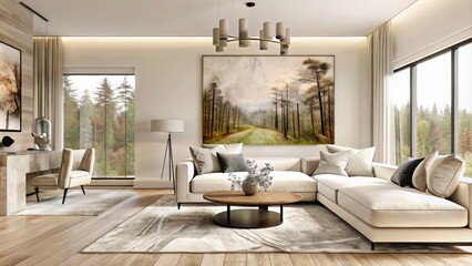 modern living room with large painting on wall, wood floor and modern furniture, wide angle shot, neutral colors, large window with view of trees, large coffee table in center of the space, 