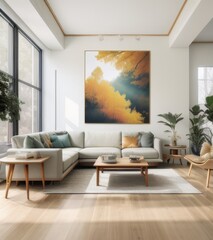 Fototapeta premium modern living room with large painting on wall, wood floor and modern furniture, wide angle shot, neutral colors, large window with view of trees, large coffee table in center of the space, 