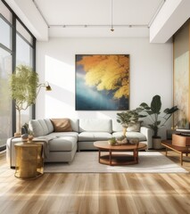 modern living room with large painting on wall, wood floor and modern furniture, wide angle shot, neutral colors, large window with view of trees, large coffee table in center of the space, 