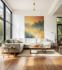 Fototapeta premium modern living room with large painting on wall, wood floor and modern furniture, wide angle shot, neutral colors, large window with view of trees, large coffee table in center of the space, 