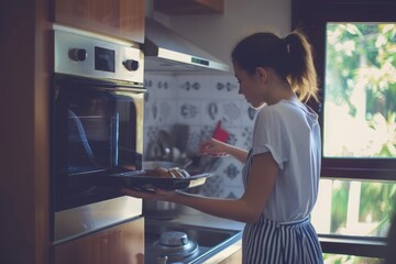 Fototapeta na wymiar Baking time One woman, young woman homemaker making a vegetarian lunch in kitchen alone, baking in the oven