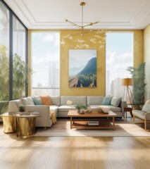 modern living room with large painting on wall, wood floor and modern furniture, wide angle shot, neutral colors, large window with view of trees, large coffee table in center of the space, 