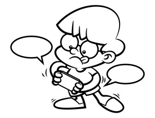 Little Boy cartoon character, concentration while playing online games with smartphone. Best for outline, logo, and coloring book with technology themes for kids