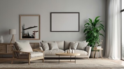 Sleek Furniture Mock-Up in Contemporary Living Room with Empty Canvas Frame on White Wall Background Render Suitable for Buildings and Architecture Interior Design
