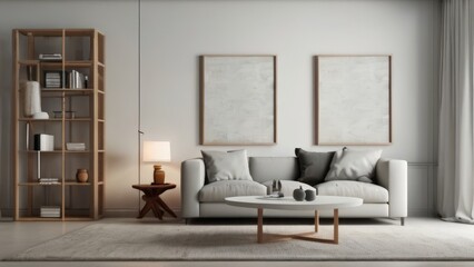 Fototapeta premium Modern Cozy Living Room Interior Design with Furniture Mock-Up and Empty Canvas Frame on White Textured Wall Background Render Suitable for Buildings and Architecture Interior Design