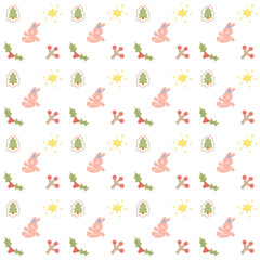 pink bunny ,cherry, sprinkle star, christmas tree in winter seamless pattern