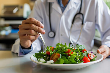 A doctor is eating a salad