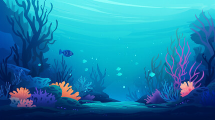 Vibrant Underwater Marine Life: Exploring the Colorful Ecosystem of the Sea Bottom with Corals, Plants, and Fish - Vector Illustration