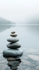 Zen stone stack by a calm lake in misty morning