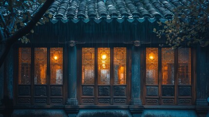 Close-up of a traditional Asian building with ornate pillars and roof tiles, highlighted by warm glowing lights in the evening.