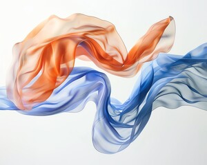 Two pieces of silk, one orange and one blue, are flowing in the air