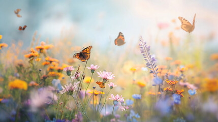 Butterflies fluttering in sunlit wildflower meadow