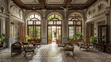 A grand heritage mansion interior, richly adorned with intricate moldings, stained glass windows, and elegant vintage furniture.