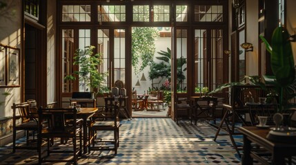 Obraz premium A grand heritage mansion interior, richly adorned with intricate moldings, stained glass windows, and elegant vintage furniture.