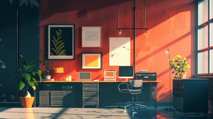 Vibrant Dark Colors Workplace Illustration for Digital Design Generative AI