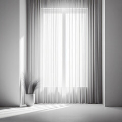 White minimal interior. One window with a curtain and a floor plant