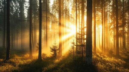 Sunlight streaming through tall pine trees in a forest