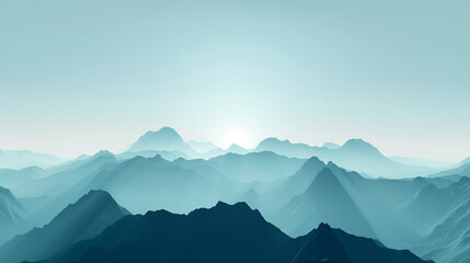 Layered mountain silhouettes under a soft sunrise