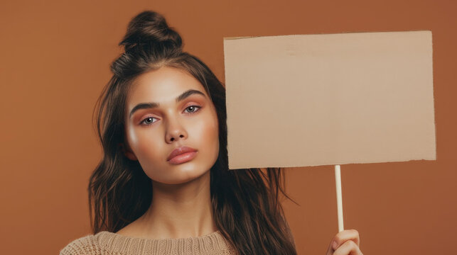 Studio portrait of a young model holding a blank sign in protest or for offering a special deal or promotion. Copy space.