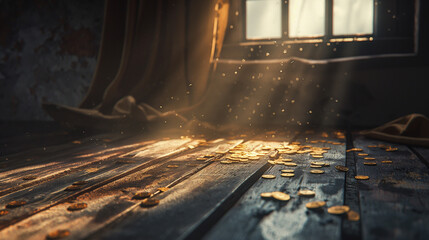 Elegant Wooden Table Adorned with Stacks of Shining Coins