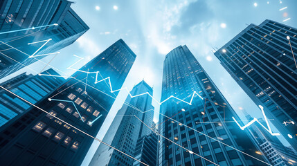 Bustling Financial District with Skyscrapers, Modern Office Overlooking City, Charts and Graphs Displaying Financial Market Trends